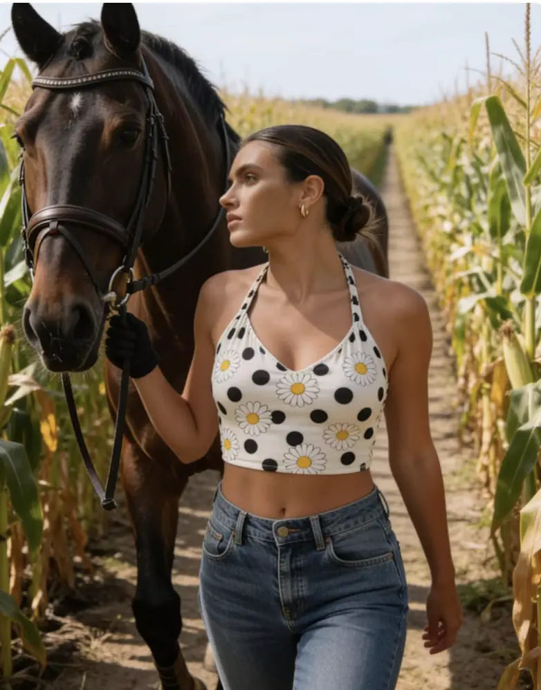A woman leading a dark bay horse in a bridle along a path between rows of corn.